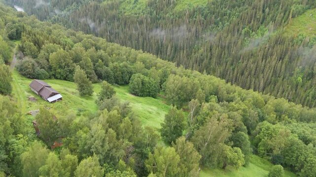 Aerial view showcasing a rustic wood cabin nestled on a lush, green mountain hill surrounded by conifer trees and breathtaking natural beauty.