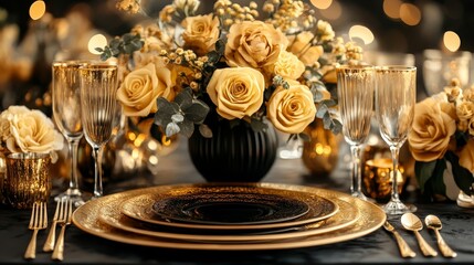 Fototapeta premium Elegant black gold invitation template prototype, featuring a simple design and exquisite gold decoration on a black background, presenting a simple yet luxurious appearance