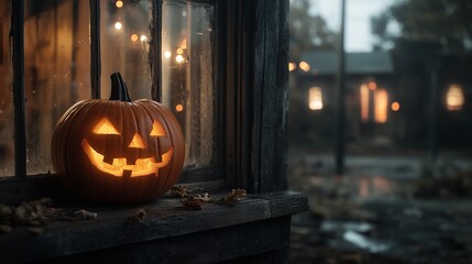 Fototapeta premium Spooky Pumpkin Glowing in the Window at Halloween Night
