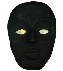 Black face mask.  Microchips or security label stickers instead of eyes. Metaphorical concept of a security camera.