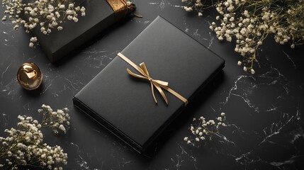 Elegant black gold invitation template prototype, featuring a simple design and exquisite gold decoration on a black background, presenting a simple yet luxurious appearance