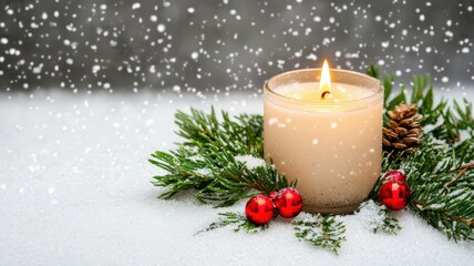 Rustic candle nestled in holiday greenery with soft snow falling outside, creating a cozy winter ambiance.