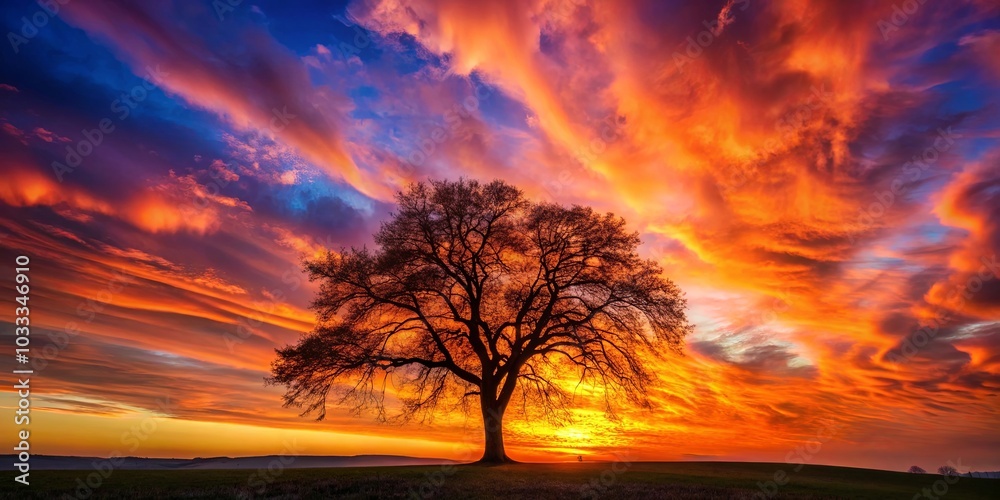 Wall mural A solitary tree stands tall, silhouetted against a fiery sky, as the sun dips below the horizon, casting long shadows on the grassy field.