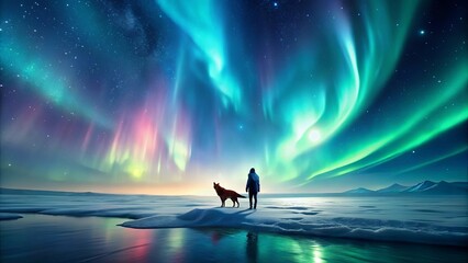 A solitary figure and their canine companion stand in awe of the celestial display, the vibrant auroras illuminating the frozen landscape.