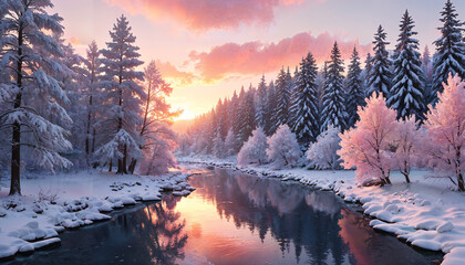 Lever de soleil sur la rivi&egrave;re enneig&eacute;e