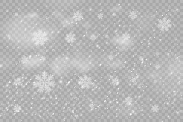 Christmas snowflakes on a transparent background. Snow flakes, snow background. Heavy snowfall, snowflakes in different shapes and forms.