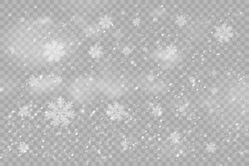 Christmas snowflakes on a transparent background. Snow flakes, snow background. Heavy snowfall, snowflakes in different shapes and forms.