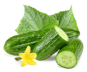 sliced cucumber with flower isolated on white background. clipping path