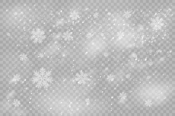 Christmas snowflakes on a transparent background. Snow flakes, snow background. Heavy snowfall, snowflakes in different shapes and forms.