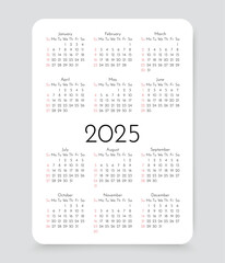 2025 calendar. Yearly calender organizer. Grid template with 12 months. Calendar layout in vertical simple design in English. Week starts Sunday. Desk, pocket or wall organaizer. Vector illustration. 