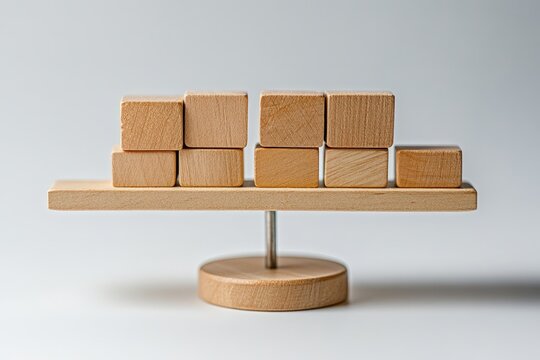 Wooden blocks stacked on a seesaw, creating a balanced design. This image represents balance, stability, and a sense of harmony.