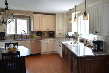 Fototapeta premium White kitchen cabinets with granite countertops.