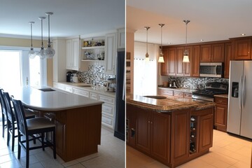 Fototapeta premium Before and after kitchen remodel with new cabinets and countertops.