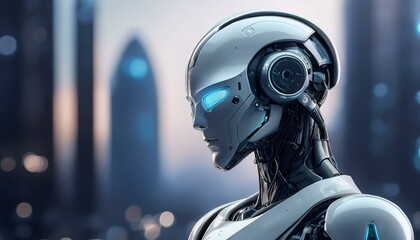 The Future is Now: A humanoid robot stands against a futuristic cityscape, its glowing blue eyes gazing intently into the distance.