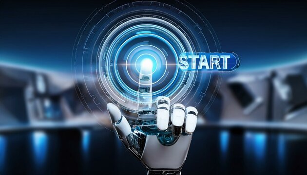 Robotic Hand Initiating Startup: Futuristic robotic hand pressing a glowing "START" button on a holographic interface.  A powerful image representing innovation, technology.