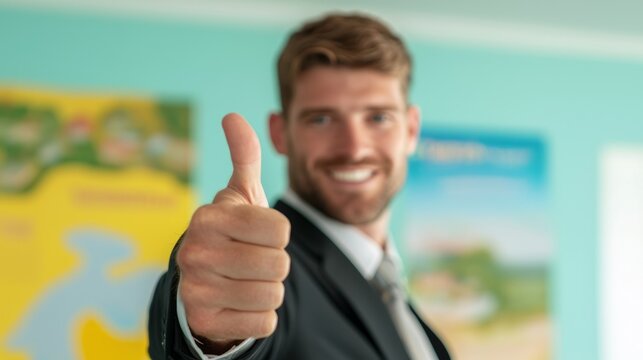 Enthusiastic Travel Agent Inspiring Clients in Colorful Office Filled with Maps and Brochures