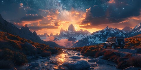 Fototapeta premium Mount Fitz Roy under the Starry Sky and Milky Way: Snow-capped peaks, serene lake, and breathtaking nightscape in Argentina's Patagonia.