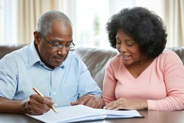 Senior couple signing their will documents, Generative AI