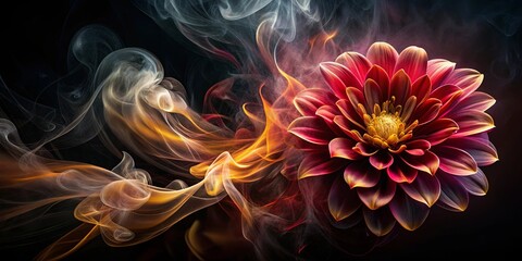 Obraz premium A solitary bloom, fiery and ethereal, bathed in a swirling dance of smoke and light