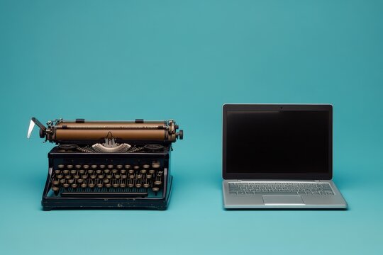Vintage typewriter and modern laptop side by side.