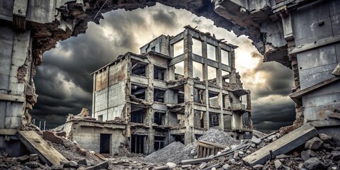 A glimpse of hope through the shattered facade of a weathered concrete building, revealing a sky filled with dramatic storm clouds