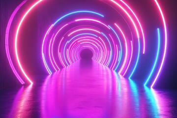 Naklejka premium Abstract Neon Tunnel: Glowing Circular Lights in a Futuristic Setting