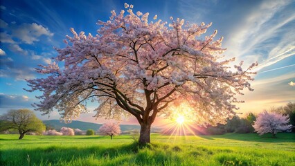 Obraz premium A solitary flowering tree, a beacon of pink against a vibrant sunset, stands tall in a field of verdant grass, casting long shadows and creating a tranquil scene.