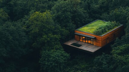 Obraz premium Modern Green Roof Cabin in Forest