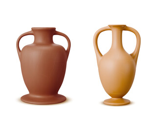 Clay vessel pot. Old ancient pottery vase vector. Greece jug and pitcher icon isolated on white background. Greek cup set with shadow. Realistic classic handmade earthenware dish item collection