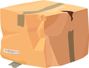 Damaged and crumpled cardboard delivery box showing signs of rough handling. Isolated cartoon vector broken packaging, ripped cargo parcel package represents shipping issues and delivery problems