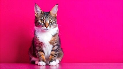 Obraz premium A tabby cat with white markings sits on a pink surface, looking directly at the camera.