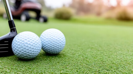 Closeup Golf Balls on Green Putting Green with Golf Club in Foreground