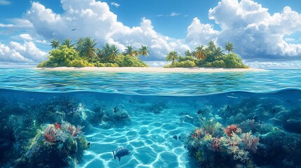 A serene tropical scene showcasing islands above water and vibrant coral reefs below.