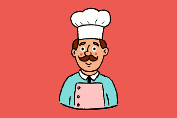 Cute chef in white cooking hat. Man with mustaches vector illustration