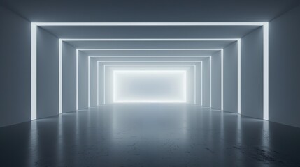 A futuristic, minimalistic hallway illuminated by bright, glowing lines, creating a sense of depth and perspective.