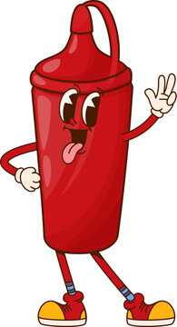 Naklejki Cartoon fast food ketchup bottle groovy character. Fast food restaurant meal funny groovy personage, takeaway cafe snack or street menu ketchup sauce happy isolated vector mascot or character