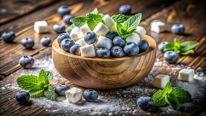 A Wooden Bowl Overflowing with Fresh Blueberries, White Cubes, and Delicate Green Mint Leaves, All Nestled on a Rustic Wooden Surface with a Light Dusting of Powdered Sugar
