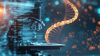 A glowing DNA strand over a microscope with a blue digital background