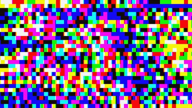 Random abstract 8 bit rgb pixel noise texture background animation. Pixelated seamless looped vj pattern, 80s, 90s chiptune pixel art. Cyber Monday sale banner backdrop. 