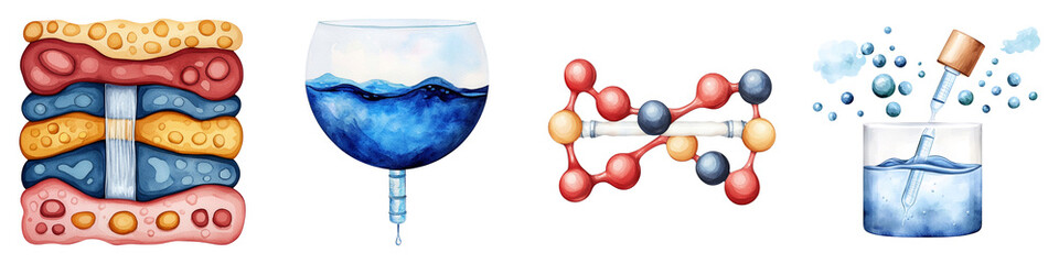 Obraz premium The image features a colorful illustration of scientific concepts related to water, including structures, molecules, and fluid dynamics.