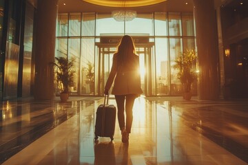 Woman arriving at hotel lobby with suitcase, Generative AI