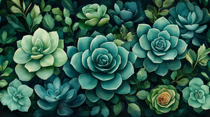 Cute Tropical Summer Succulents Seamless Pattern in Blue and Green Tones
