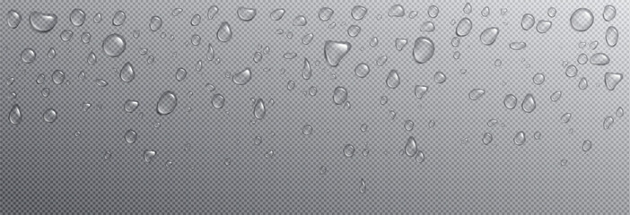 Water droplets on glass or window surface. Condensation round drops on transparent background. Realistic 3d vector illustration of dewy bg with fresh humid effect. Clean liquid raindrop pattern.