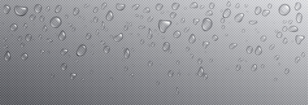 Water droplets on glass or window surface. Condensation round drops on transparent background. Realistic 3d vector illustration of dewy bg with fresh humid effect. Clean liquid raindrop pattern.