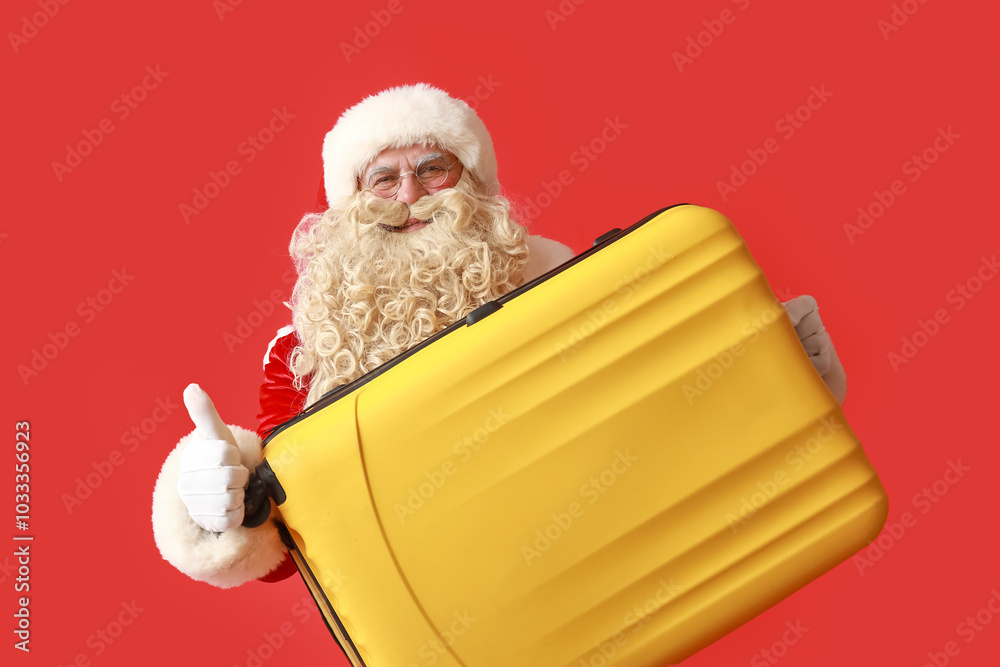 Poster Santa Claus with suitcase showing thumb-up gesture on red background. Christmas vacation concept