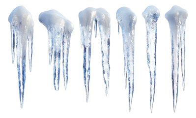 Set of frozen icicles hanging down, isolated on transparent cutout background