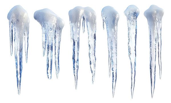 Set of frozen icicles hanging down, isolated on transparent cutout background