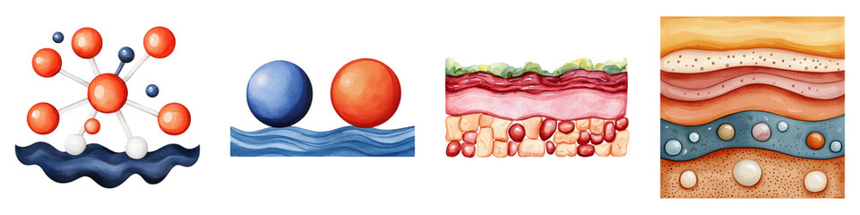 Obraz premium The image features abstract representations of molecular structures, spheres, and layered textures, illustrating concepts in chemistry and biology.