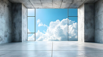 Obraz premium 3D Illustration of a Room with Concrete Walls and Windows Showing a Cloudy Sky