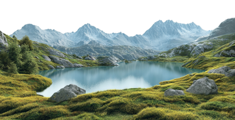 Alpine landscape with snowy mountains and calm lake, isolated on transparent cutout background